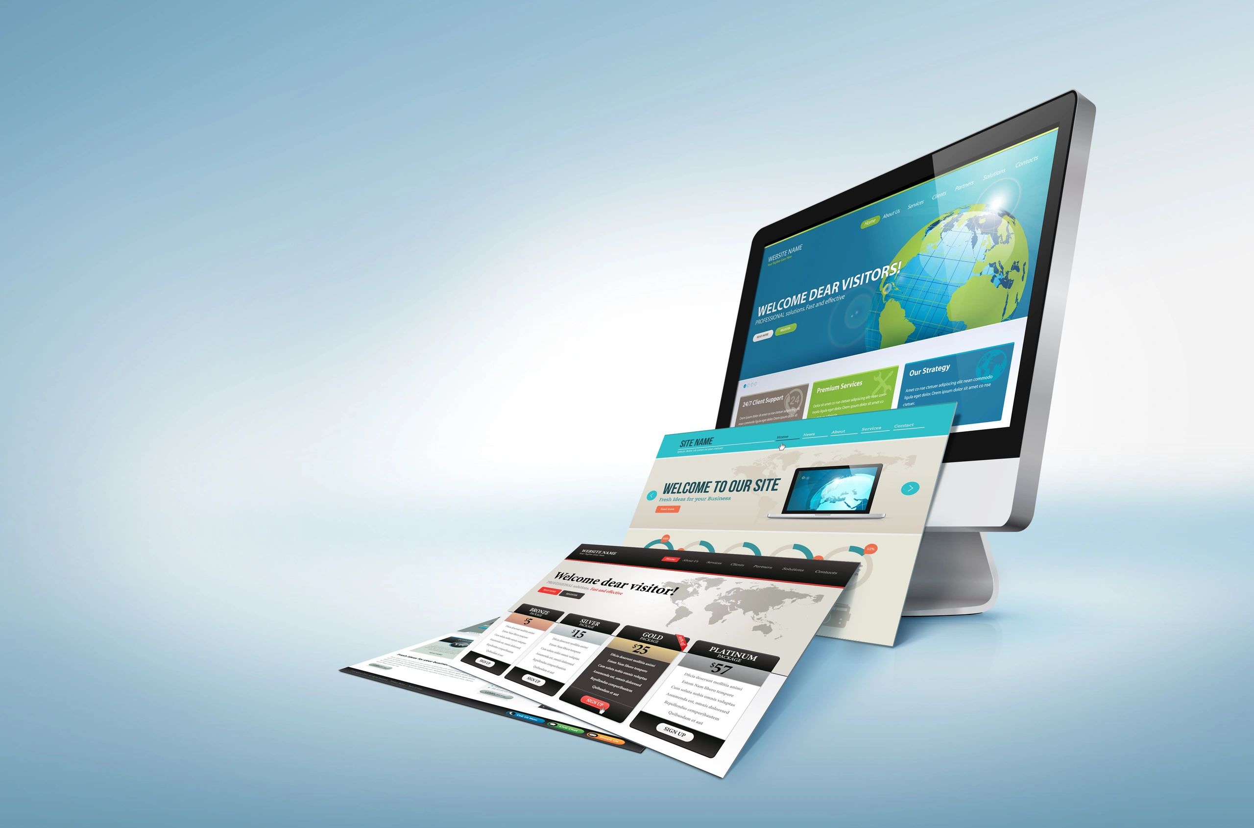 Modern web design with blue accents, showcasing user interface of a website on multiple devices.